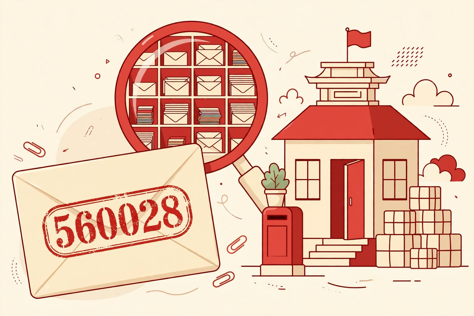 Illustration for the India Post PIN code article showing an envelope with a 6-digit postal code, a magnifying glass and a post office