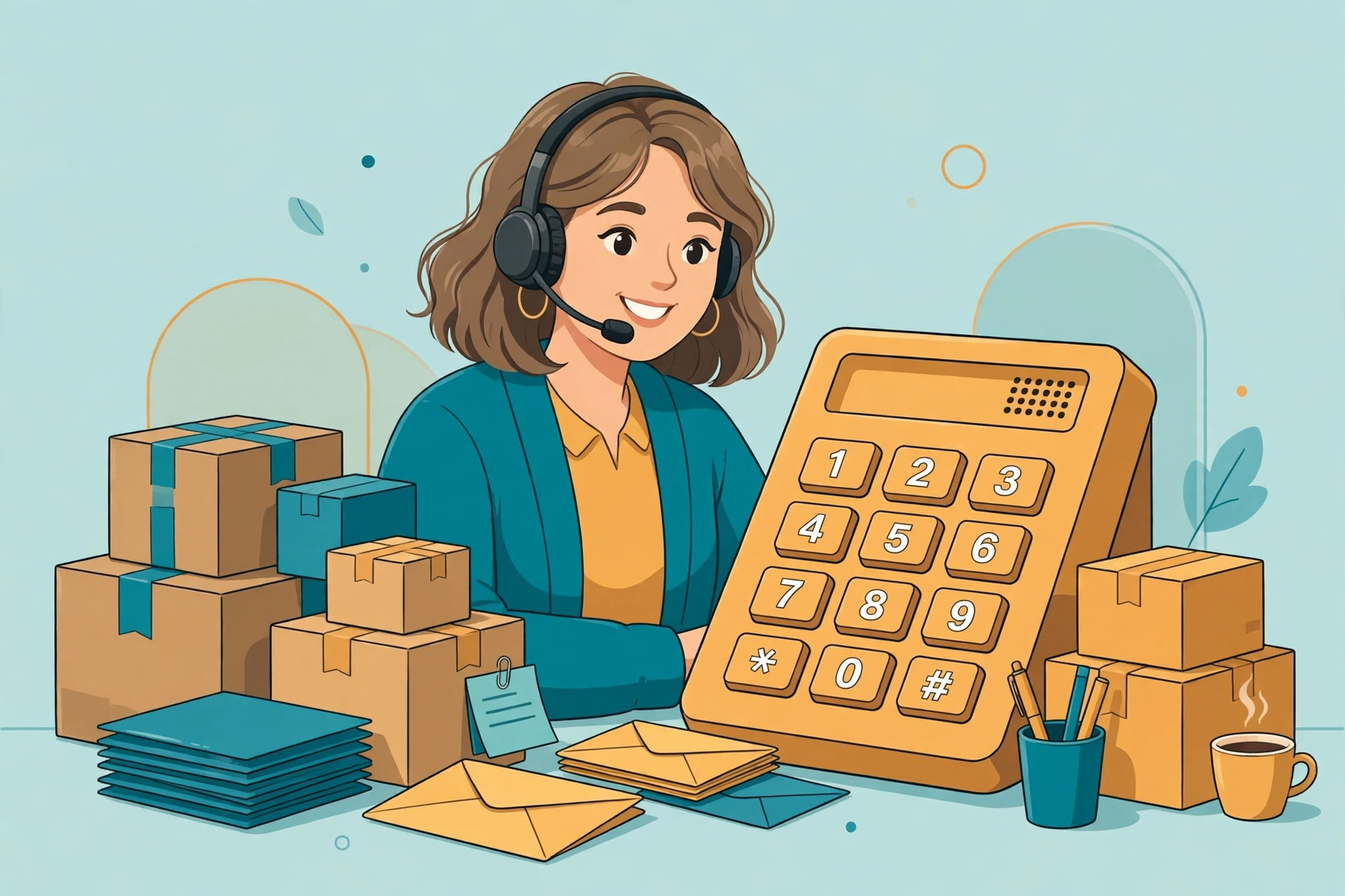 Illustration of the Madhur courier customer care number helpline with a headset agent, phone keypad and parcels beside the Bhopal head office desk