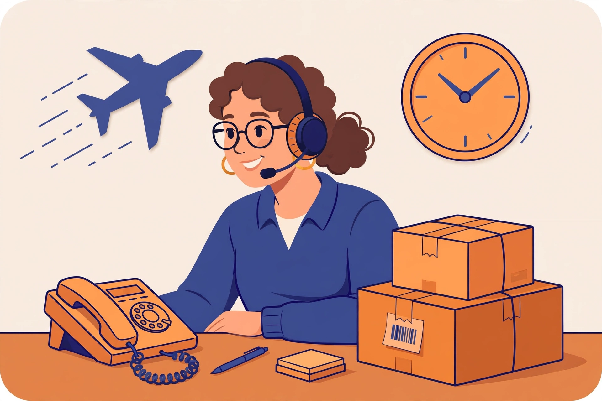 Illustration of the Maruti Air courier customer care number helpline with a headset agent, phone keypad and express parcels at the Mumbai office