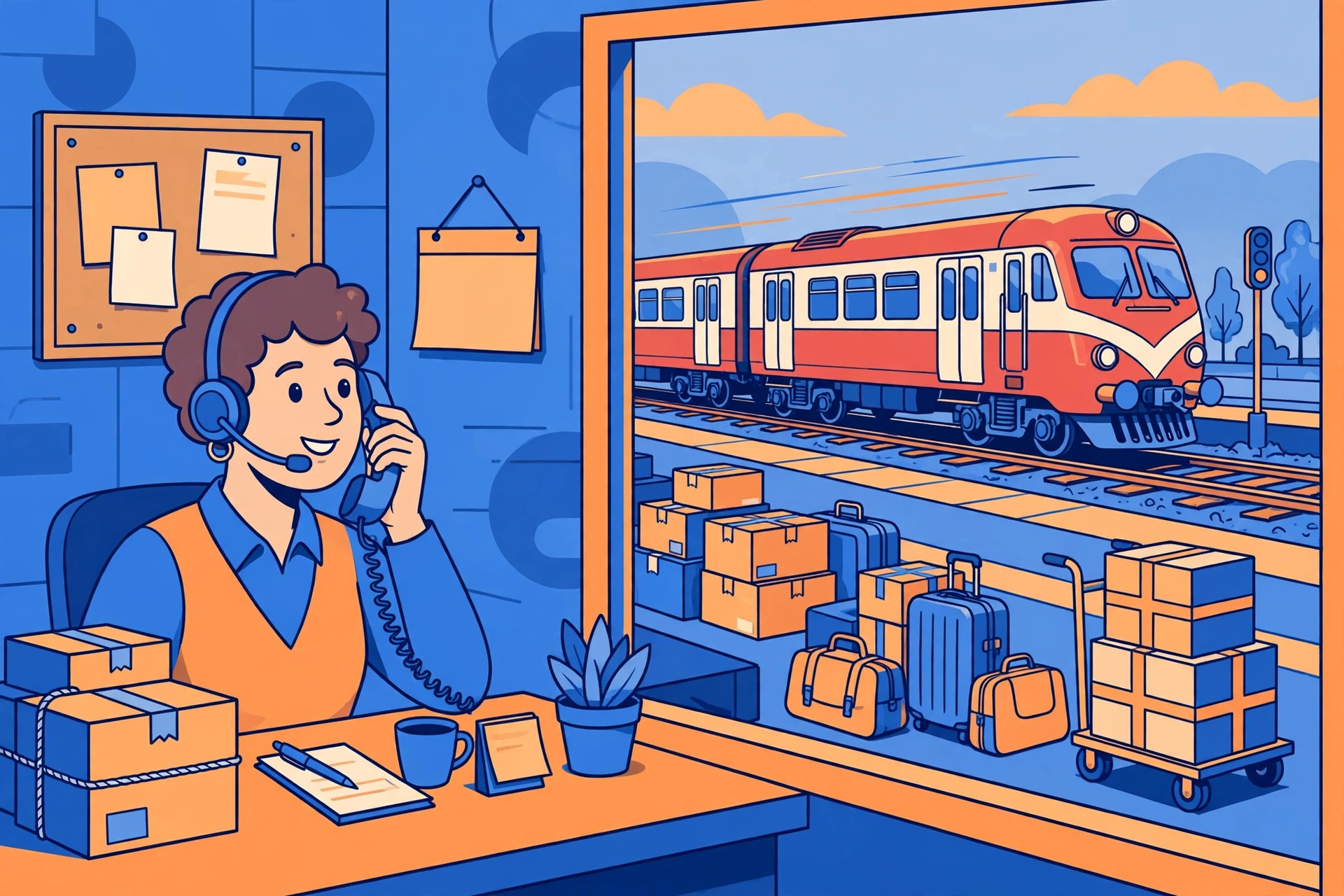 Illustration for the railway parcel enquiry number article showing a train with parcels and a headset support agent on the 139 helpline