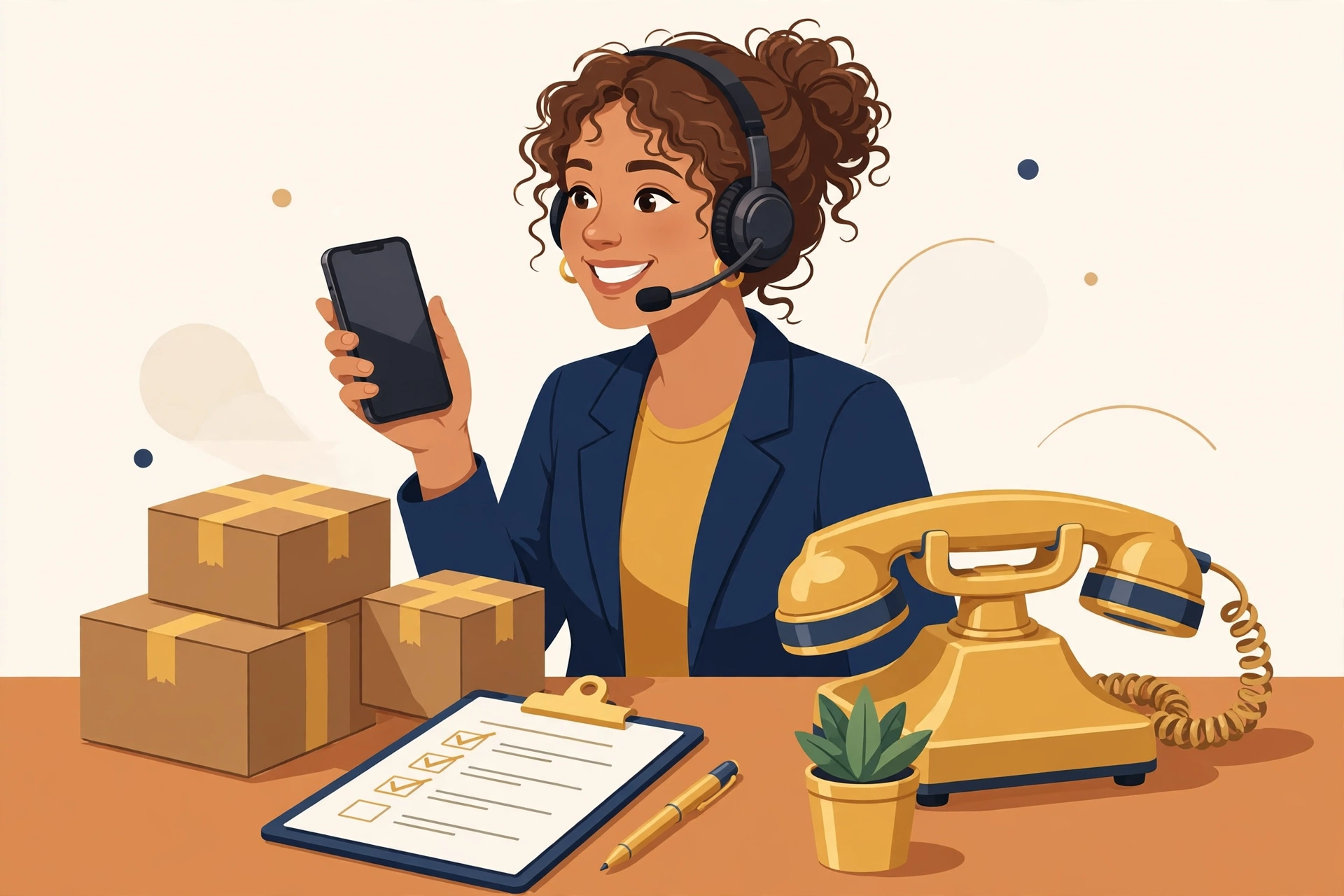 Illustration of the Shree Balaji courier customer care number helpline with a headset agent, phone keypad and parcels on a support desk