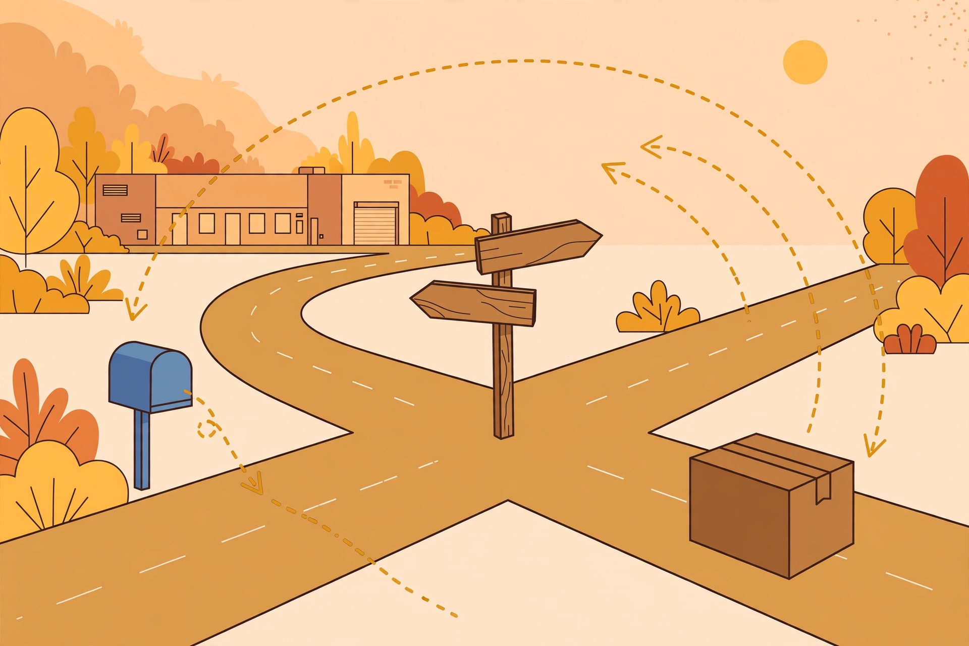 Missent meaning in post office - illustration of a misrouted parcel at a crossroads being rerouted