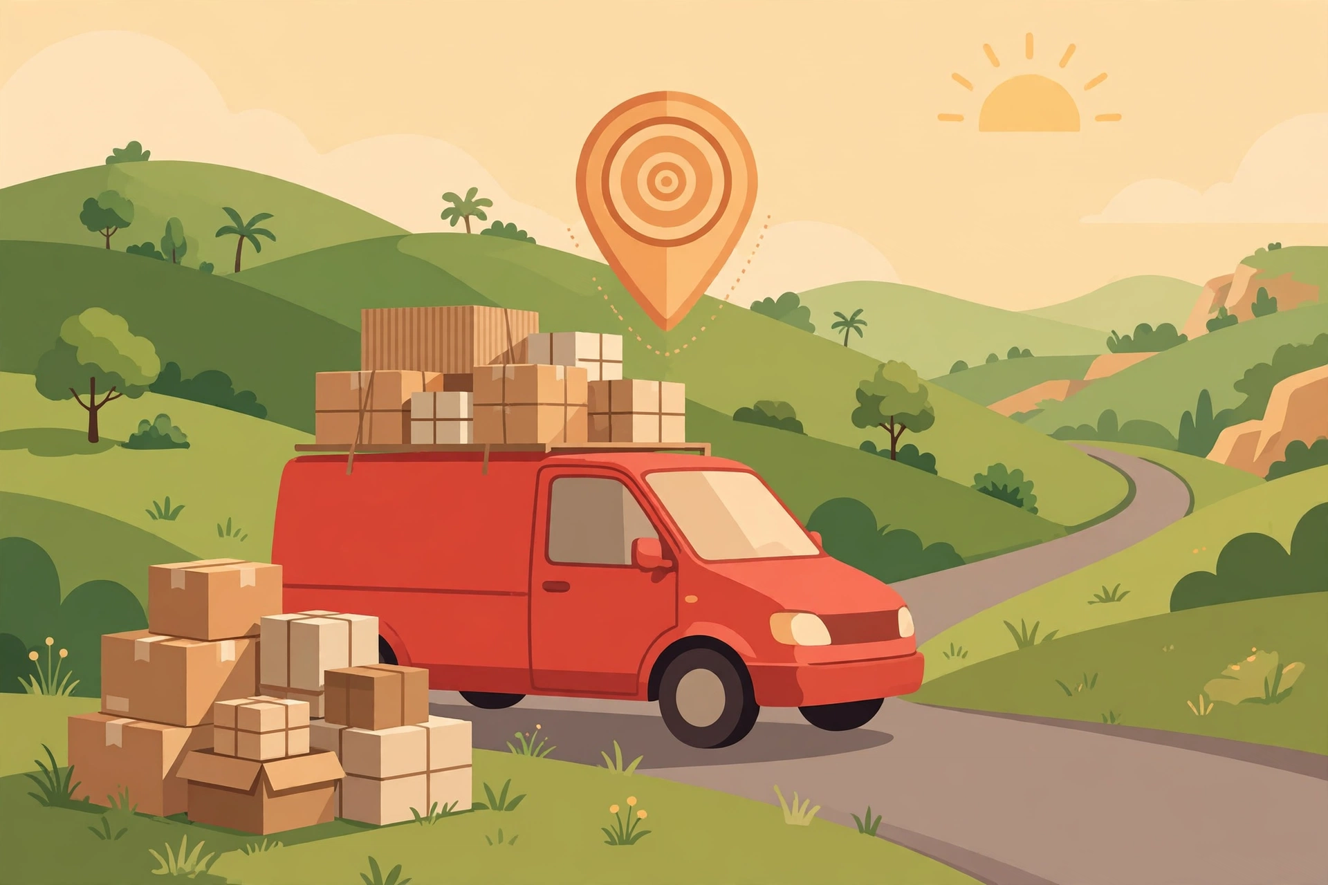 Tej courier tracking - illustration of a red courier van delivering parcels across western India